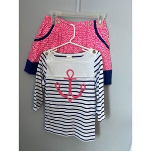 GYMBOREE Girl Size 6 3 Piece Top Skirt and Hat Set White Pink Blue Nautical Anch